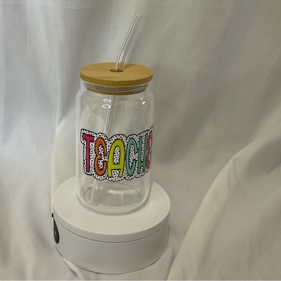 14 Ounce Handmade Clear Glass Can Cup, Bamboo Lid & Straw, Teacher - Picture 3 of 5